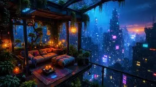Lofi Ambient – Rainy Cyberpunk Balcony with Cozy Warm Lights | Chill Vibes for Sleep & Study | 4K