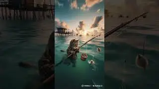 kitten fishing in the sea