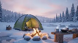 Cozy Winter Camping by a Frozen River | Looping Campfire & Snowfall Ambience for Relaxation