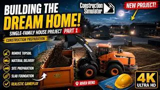 Truck and front loader working construction simulator site for small house foundation 