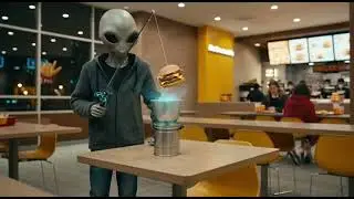 Alien fishing burger in mcdonald restaurant