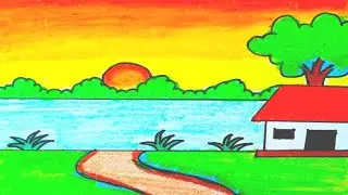 Easy landscape drawing for beginners|Learn house and nature simple painting|Nature scenery drawing 