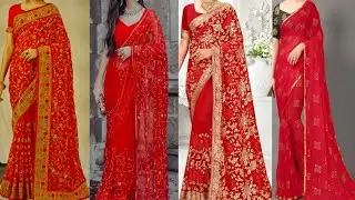 🌼🍀Fancy Chiffon Red Saree Collection || Latest Chiffon Red Saree Design || Nisha Fashion ldeas