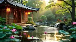Peaceful Japanese Garden With Traditional House & Lotus Pond | Relaxing Ambient Scenery