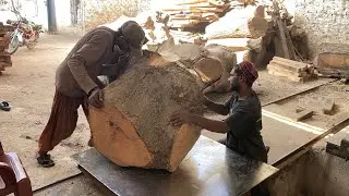 Heavy Tree Log Cutting on Saw Machine | Big Wood Processing in Sawmill Workshop.