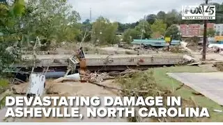 Drone video shows devastating damage in Asheville, NC from Hurricane Helene flooding