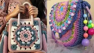 Сумочка ручной работы, связанная крючком с геометрическим узором и нейтральными тонами