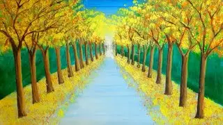 Painting of autumn trees/drawing of trees both side of road