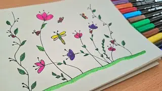 Simple Flower Drawing 🌸🐞| Are Ladybugs Cuter or Dragonflies?#drawing #art #cute #video #viral 
