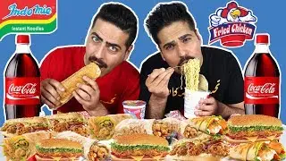 تحدي الزنجر الحار مع الاندومي 10 ساندويتش زنجر حار مع علبتين اندومي Zinger With Noodles Challenge