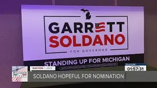 Garrett Soldano waits for primary election night results at Kalamazoo watch party