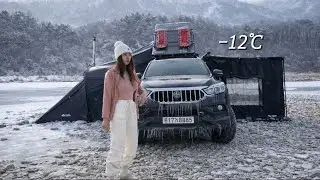 -12℃Уютный зимний кемпинг в грузовике на замерзшем берегу реки🚚Корейская еда. оздоровительный лагерь