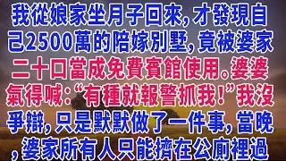 我從娘家坐月子回來，才發現自己2500萬的陪嫁別墅，竟被婆家二十口當成免費賓館使用。婆婆氣得喊：“有種就報警抓我！”我沒爭辯，只是默默做了一件事，當晚，婆家所有人只能擠在公廁裡過夜，個個傻眼無語！