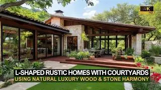 L-Shaped Rustic Homes with Courtyards Using Natural Luxury Wood & Stone Harmony
