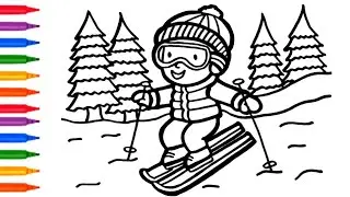 EASY ! Winter Skiing Drawing ❄️ Reindeer, Snowman & Pine Trees 🌲