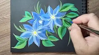Клематис как нарисовать гуашью на черной бумаге.