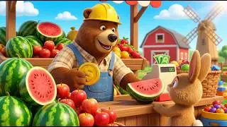 Bear Farmer's Market Day! 🍉 Selling Fruit & Saving Money | Educational Farm Cartoon