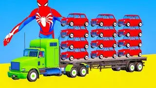 Twelve Red Colors Cars On Truck Transportation Game with Spiderman Funny 3d Superheroes