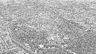 Sketch doodle style. Graz, Austria. The historic city center aerial view. Mount Schlossberg (Castle