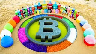 How to make Bitcoin Logo with Cement & Rainbow Orbeez, Balloons Soda, Coca Cola, Fanta vs Mentos