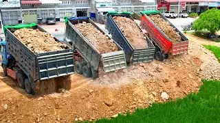 Incredible !! Team dump truck wheel 10 unloading stone landfilling with Bulldozer D20P working push 
