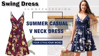 Stylish Swing Dress: Women's V Neck Floral Spaghetti Strap Summer Casual Swing Dress with Pocket