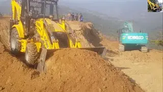 Excavator and Backhoe Loader-Cutting Hill and Leveling Hilly Road