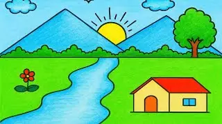 How to draw natural scenery step by step for beginners| Simple scenery drawing| Landscape drawing