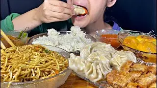 Eating garlic noodles, vegetable momos spring rolls egg curry with rice 🍚 🥟 🍜