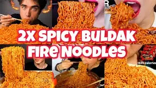 mukbangers trying to survive EATING 2X SPICY BULDAK FIRE NOODLES 🍜 🔥🥵 ASMR COMPILATION