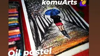 autumn scenery oil pastel / girl with umbrella oil pastel #oilpastel#easy #scenery