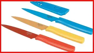 Kuhn Rikon Straight Paring Knife with Safety Sheath, 4 inch10 16 cm Blade, Set of 3, Red, Yellow