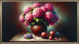 Pink hydrangea flower bouquet in terracotta vase and apples oil painting #frametvart #hydrangeas