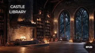 Gothic Castle Library at Night (1 Hour) | Fire + Wind | Sleep / Study | No Music