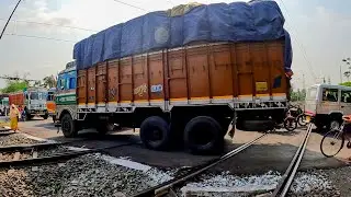 Dangerous Situation Big Truck Passing On Railgate : Furious Speedy Trains Honking Moving At Railroad