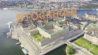 Inscription on video. Stockholm, Sweden. Royal Palace in Stockholm. Kungliga slottet. Aerial view. A