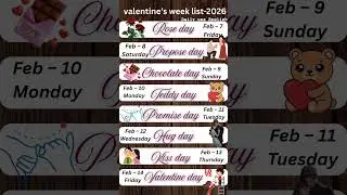 Valentine&rsquo;s Week List 2026 💖| Rose Day to Valentine Day | Valentine Week List #Shorts #youtubeshorts