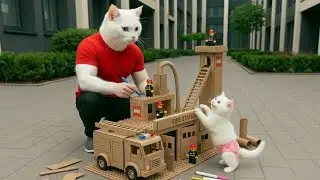 Kitten Teased For Playing with a Cardboard Fire Station Dad Creates a Real LEGO Rescue 