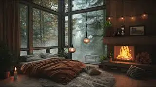 Cozy Cabin in the Forest 🌲| Bedroom Fireplace Ambience w/ Outdoor Terrace & Sounds of Nature
