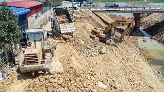 Excellence 100% Complete Canal Side Slope Construction Amazing With 5Tons Dump Truck Moving Rock