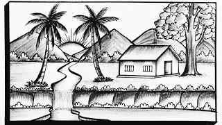 How To Draw A Simple Scenery Drawing|Beautiful Waterfall Scenery Drawing|Easy Village Nature Drawing