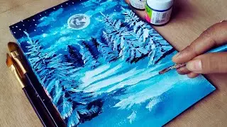 How to Draw a Beautiful Winter Night Scenery || Acrylic Painting Step by Step for Beginners