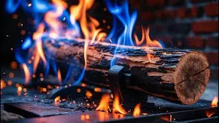 Cozy Blue Fire and Crackling Logs in Brick Fireplace for Stress Relief, Study and Peaceful Sleep