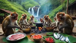 Desi Fish Curry & Fried Fish by Monkeys 🐒🍚 | Village Cooking Near Tea Hills & Waterfall 🌿