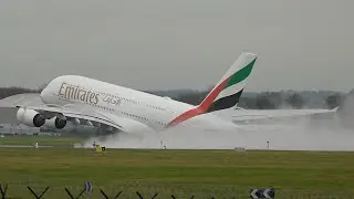 Emirates A380 Spray Take-Off in Slow Motion - Manchester Airport