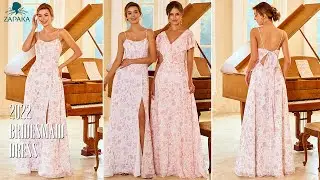 Zapaka Women Bridesmaid Dress A Line Spaghetti Straps Purple Flower Printed Wedding Party Dress