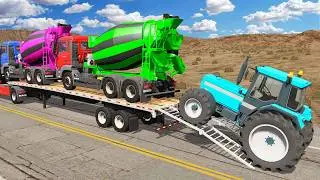 Four Trucks Transporting cars with Flatbed Trailers | Cars vs Speedbump vs Train vs Pothole #1