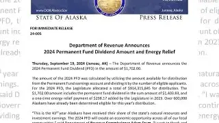 Alaska Department of Revenue announces 2024 PFD amount