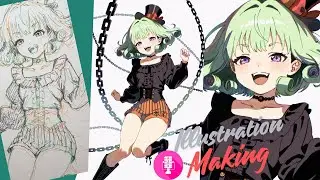 Chain Loop Girl with a Top Hat: ASMR Ball-Point Sketch &rarr; Full Digital Paint-Over