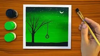 Green night scenery drawing with poster colour // Easy painting ideas 